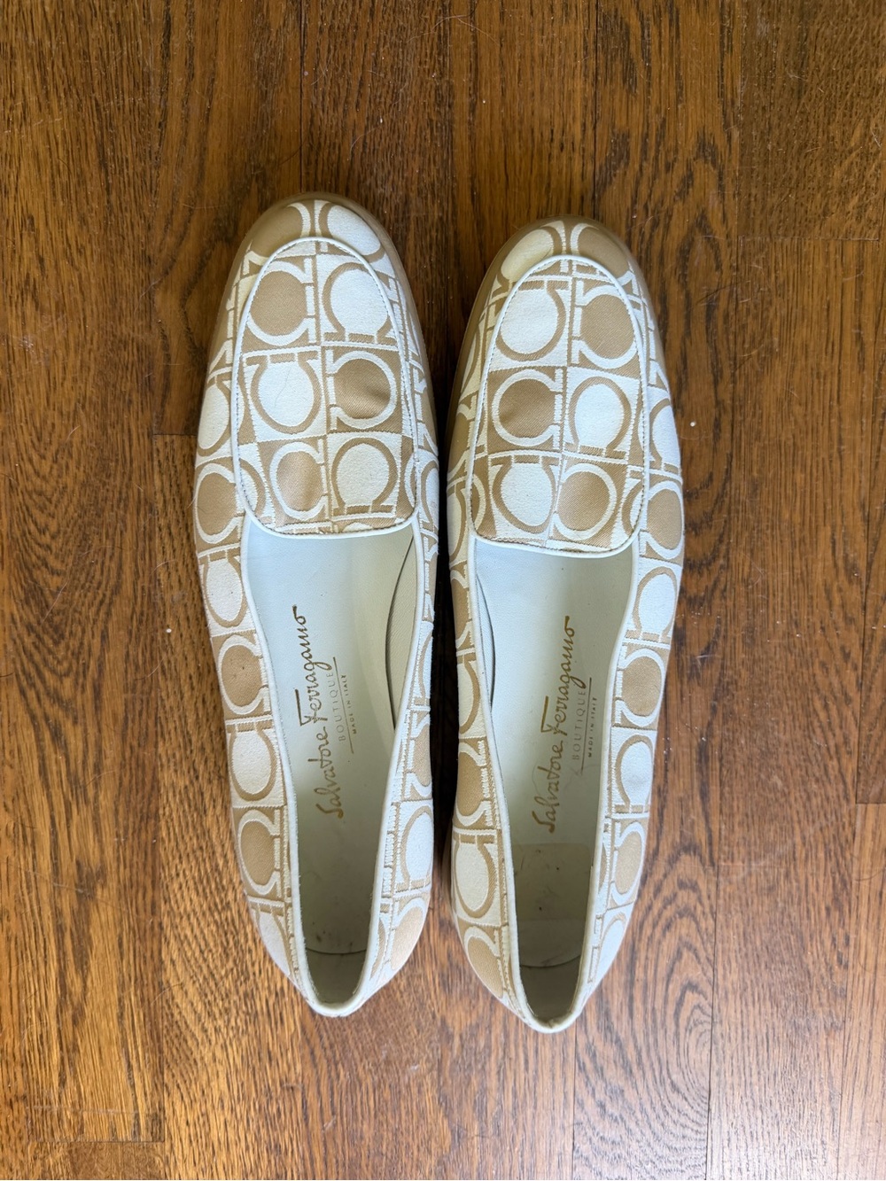 Salvatore Ferragamo Beige Canvas Logo Slip-On Loafers